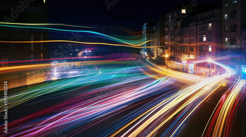 Long exposure of a road with light trails of passing vehicles. AI Generative