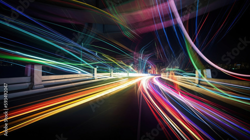 Long exposure of a road with light trails of passing vehicles. AI Generative
