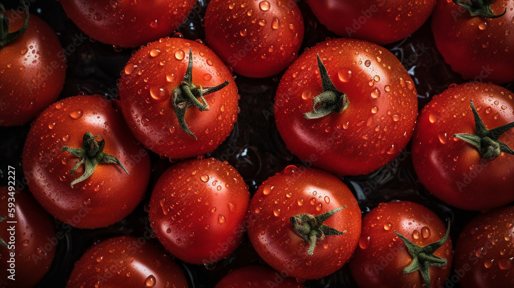 Fresh tomatoes with water drops on dark background, top view. AI Generative Fresh tomatoes with water drops on dark background, top view. AI Generative