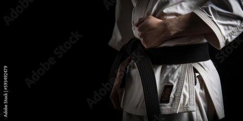 Photo Black Belt Warriors: Person in Kimono and Black Belt on Black Background with Space for Text