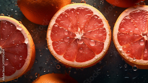 Fresh grapefruits with water drops on dark background  top view. AI Generative