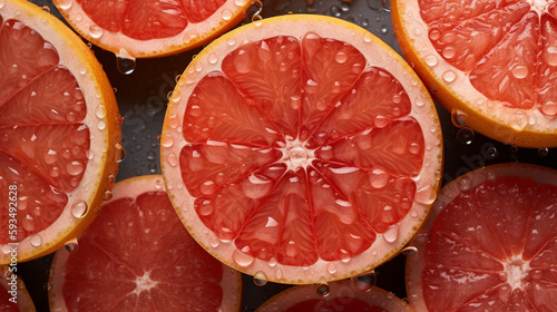 Fresh grapefruits with water drops on dark background, top view. AI Generative