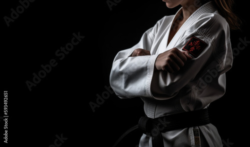 Black Belt Warriors: Person in Kimono and Black Belt on Black Background with Space for Text. Martial Arts Discipline Concept AI Generative photo