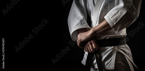 Black Belt Warriors: Person in Kimono and Black Belt on Black Background with Space for Text. Martial Arts Discipline Concept AI Generative