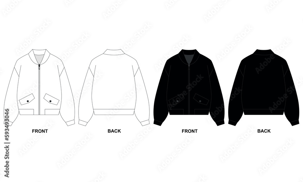 Vector technical drawing of a zipper jacket in casual style. Short ...