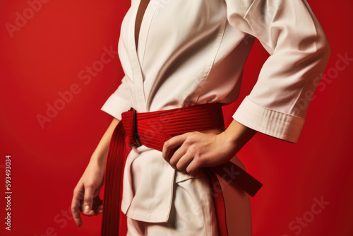 Red Belt Warriors: Person in Kimono and Red Belt on Red Background with Space for Text. Martial Arts Discipline Concept AI Generative