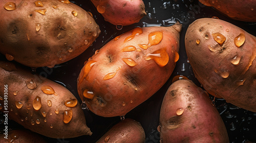Fresh sweet potato with water drops on dark background, top view. AI Generative