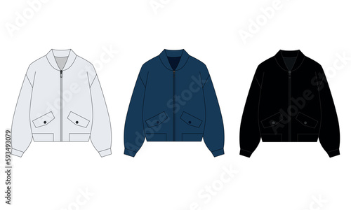 Collection of vector technical drawings of a zipper jacket in casual style. Fashion jacket template - bomber. Outline drawing of a women's spring-summer jacket with pockets, white, blue, black.