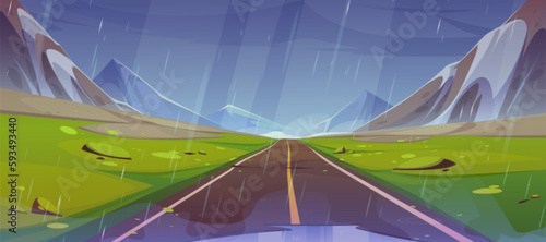 Road and mountain view rainy cartoon landscape. Blue sky and green grass on straight way to horizon. Empty summer journey path scene with alps for game adventure. Outdoor asphalt freeway and mountains