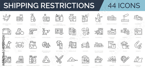 Set of 44 prohibited and restricted items in international packages and parcels. Outline icons collection. Editable stroke.