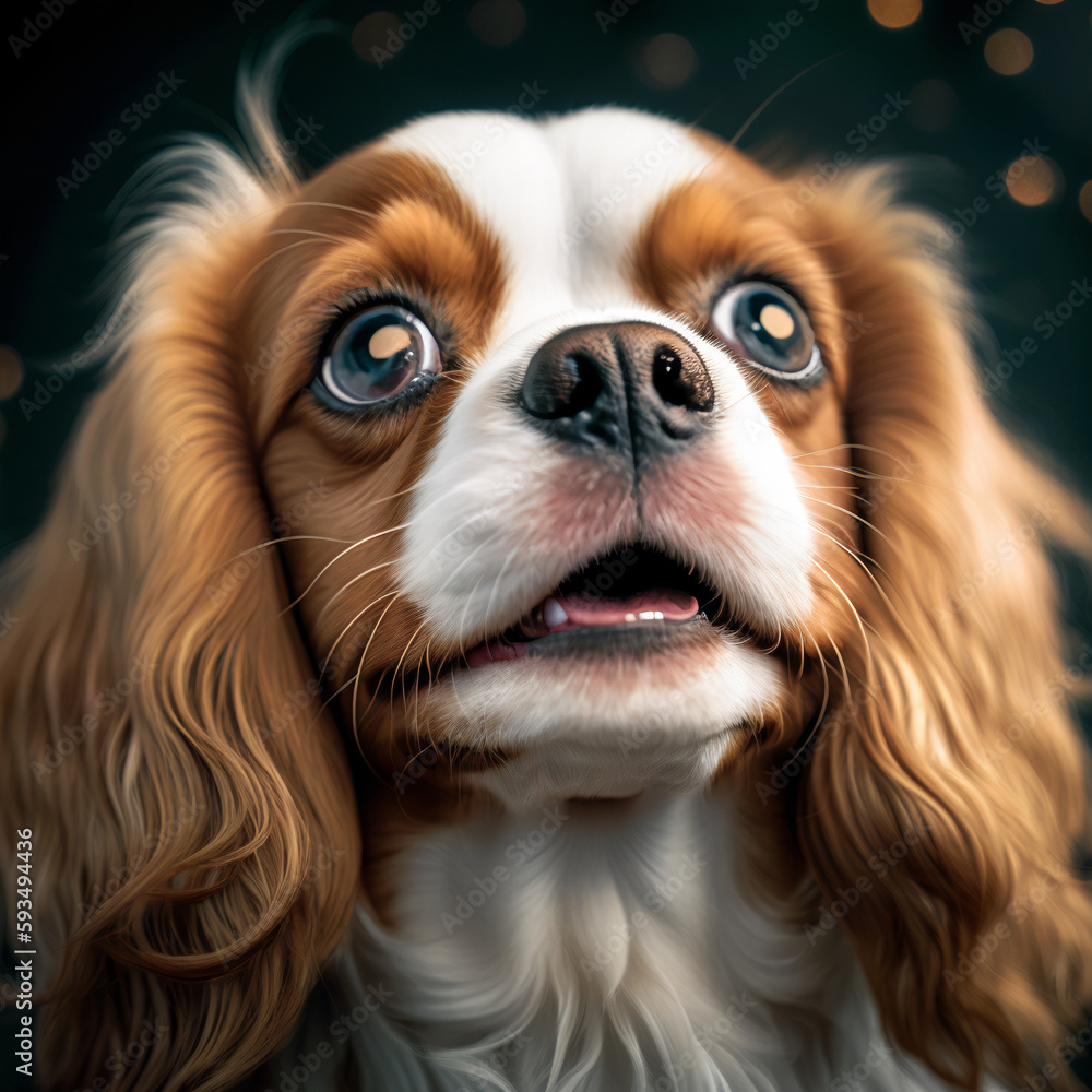 A young smiling dog outside, a portrait, a poster, waiting for play, sitting politely. puppy, cavalier charles spaniel king, black background Generative AI