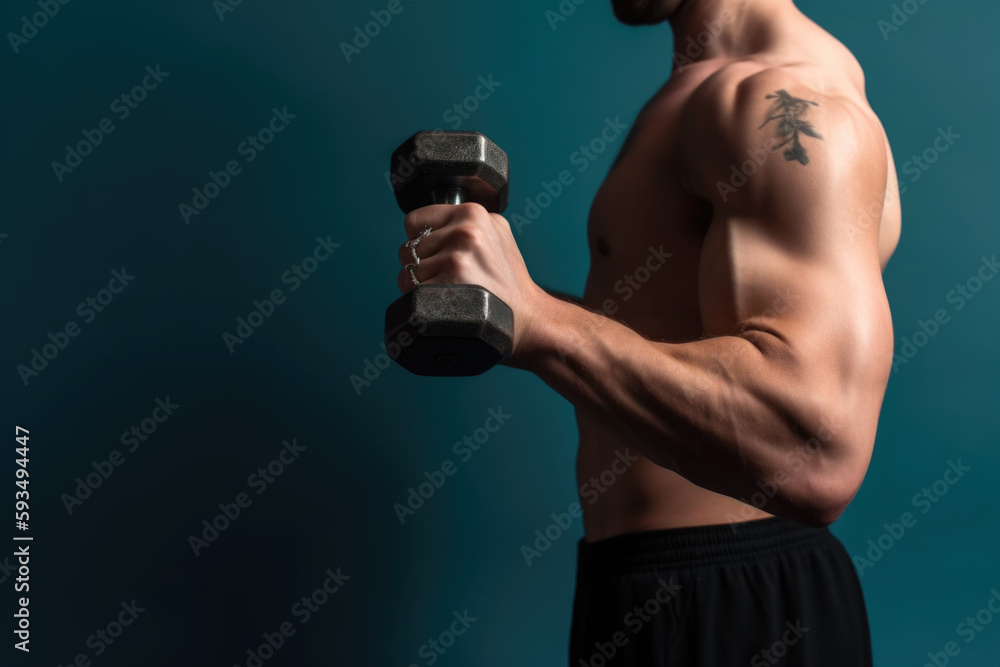 Power and Strength. Muscular man holding a dumbbell isolated on dark background. Copy space for your text. Fitness and exercise concept. AI Generative Power and Strength. Muscular man holding a dumbbell isolated on dark background. Copy space for your text. Fitness and exercise concept. AI Generative
