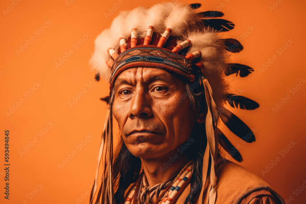 Spirit of the Land: Indigenous man with headdress on isolated orange background with space for text. Copy space. Nature concept - AI Generative
