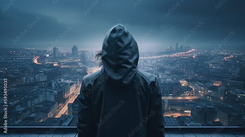 A faceless thief in unrecognizable hoodie standing in the middle of the night in front of the city concept. Generative Ai. A faceless thief in unrecognizable hoodie standing in the middle of the night in front of the city concept. Generative Ai.