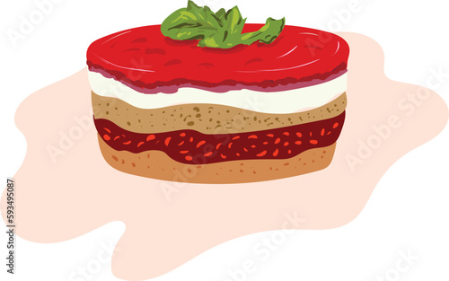 Delicious beautiful glossy cake with berry jelly soufflé with a green sprig of decor. Vector image.