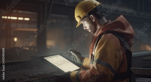 Construction concept. The construction worker head which is wearing the safety helmet and checking work at the construction site. Non-existent person. Generative Ai