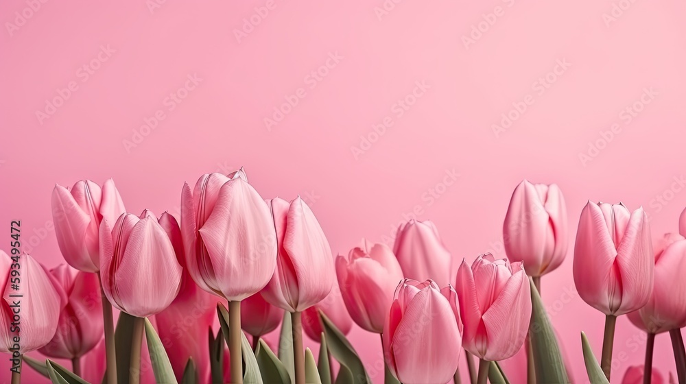 Tulip border with copy space. Beautiful frame composition of spring flowers. Bouquet of pink tulips flowers on pink background, pastel colors Tulip border with copy space. Beautiful frame composition of spring flowers. Bouquet of pink tulips flowers on pink background, pastel colors