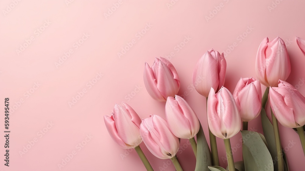 Naklejka premium Tulip border with copy space. Beautiful frame composition of spring flowers. Bouquet of pink tulips flowers on pink background, pastel colors