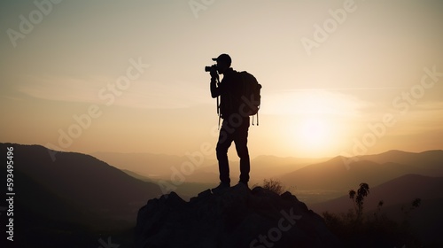 silhouette of Young man photographer taking photographs with digital camera in a mountains, Travel and active lifestyle concept