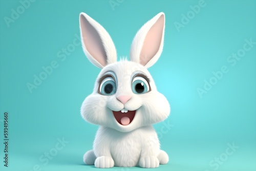 3D image of furry and cute adorable white rabbit on blue background