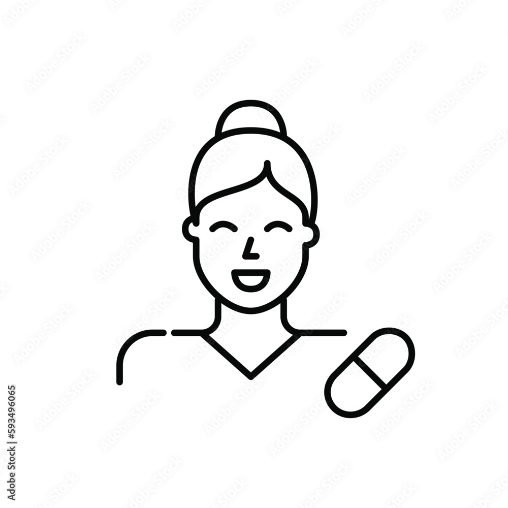 Woman pharmacist. Girl in a uniform with capsule pill symbol. Pixel perfect, editable stroke icon