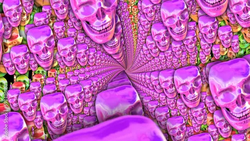 Retro Futuristic seamless animation of metal skulls. Synthwave background pink pattern swirl a psychedelic look photo