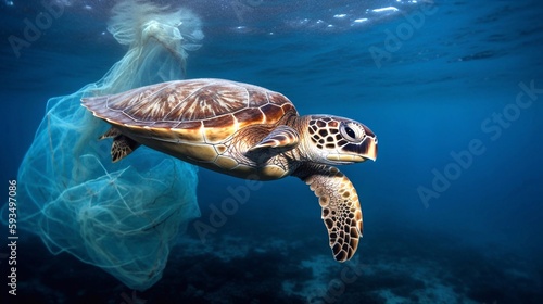 Turtle swims near a fishing net. Plastic pollution in ocean. The concept of environmental protection.  Generative AI