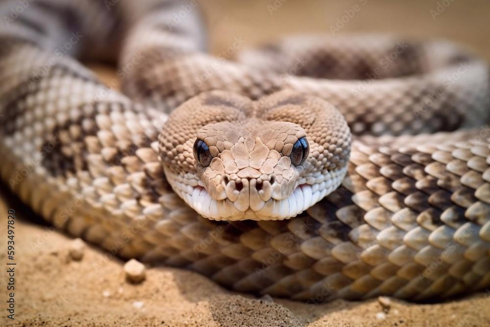 Close-up of a Coiled Rattlesnake Looking into the Camera, Generative AI Close-up of a Coiled Rattlesnake Looking into the Camera, Generative AI