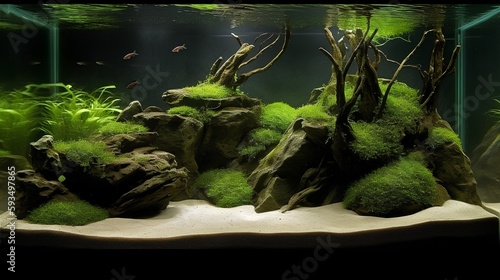 A captivating nature aquarium illustration with underwater plants, driftwood, rocks, and fish, showcasing a harmonious aquascape design. Generative AI photo