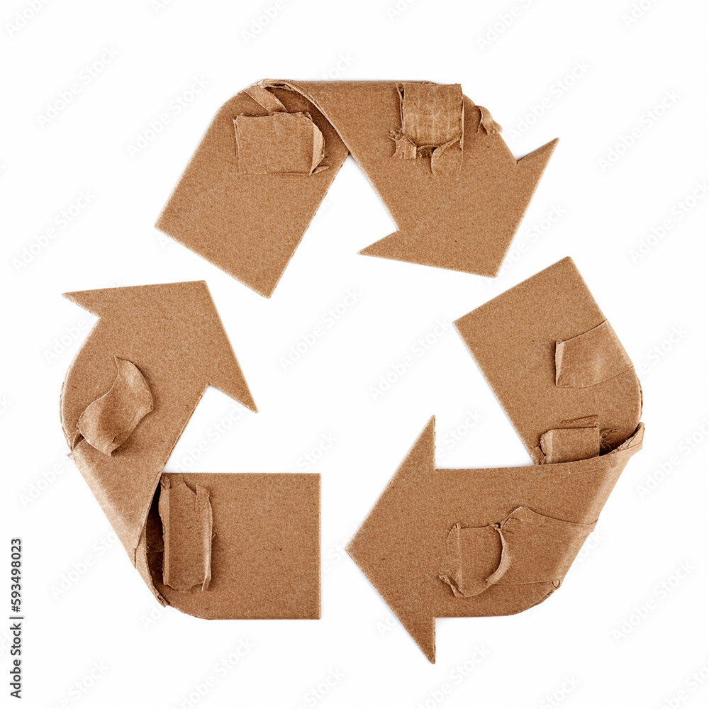 Recycling symbol made of cardboard isolated on white. Cardboard