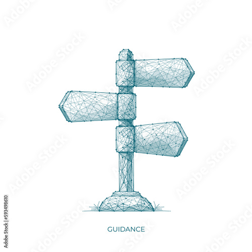 Abstract polygonal direction road sign with arrow. Digital crossroad sign isolated on white background. Low poly wireframe choice of direction vector illustration. Guidance concept in polygons.