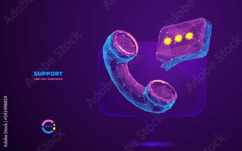 Abstract polygonal call center icon. Digital handset and bubble talk in technology blue purple polygons. Talking with service call support hotline concept. 3d low poly wireframe vector illustration.