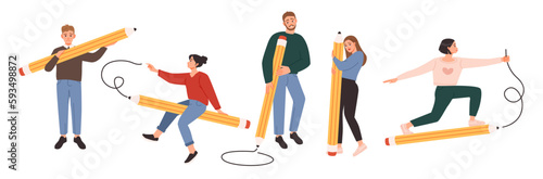 Flat student standing a pencil. People with big pencils. The character draws with a pencil. Education concept.