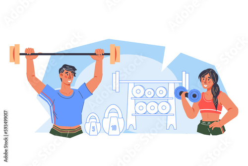 Sports and healthy lifestyle concept, vector illustration isolated on white background. Sports and fitness, gym and health club banner with people doing sports.