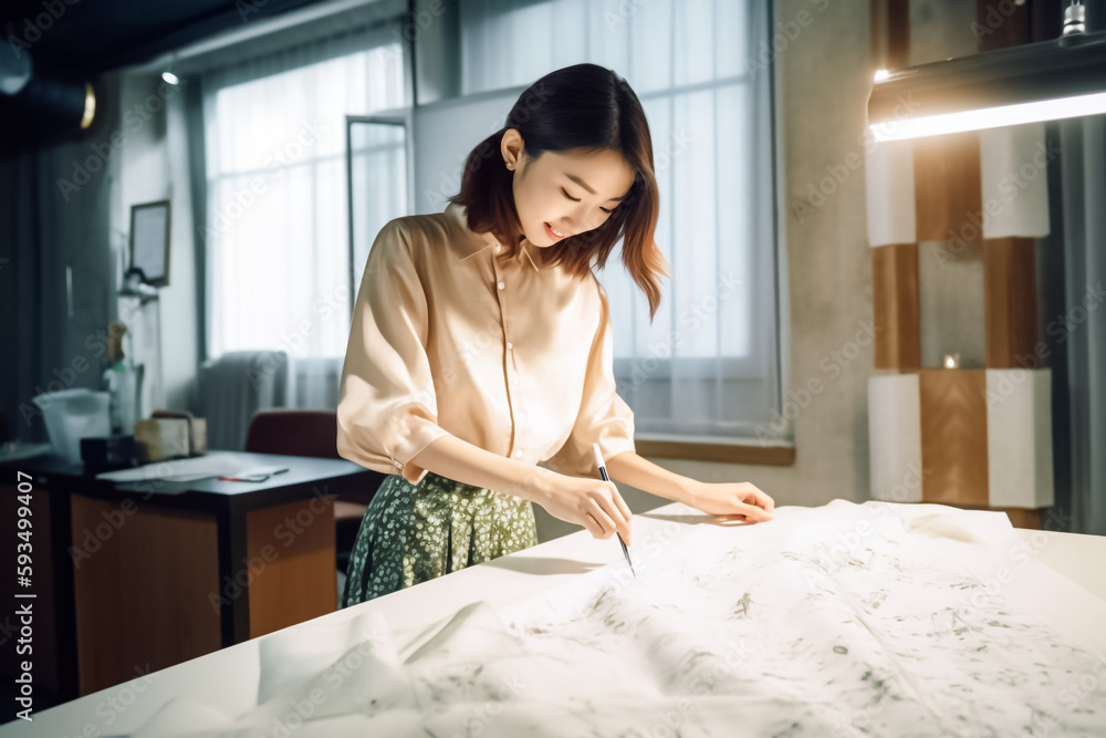 Talented Fashion Designer Asian girl immersed in designing stunning clothing with natural flair and passion for fashion. generative AI Talented Fashion Designer Asian girl immersed in designing stunning clothing with natural flair and passion for fashion. generative AI