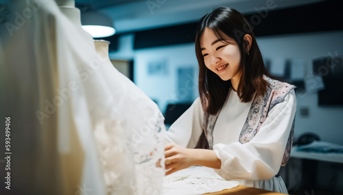 Talented Fashion Designer Asian girl immersed in designing stunning clothing with natural flair and passion for fashion. generative AI
