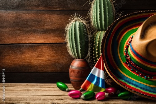 Cinco de Mayo holiday background with a Mexican cactus and party sombrero hat on a wooden table. Generative AI.