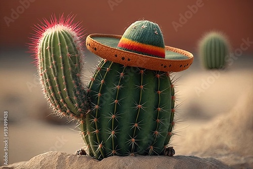 Cinco de Mayo Cactus wearing a Mexican sombrero hat. Generative AI.