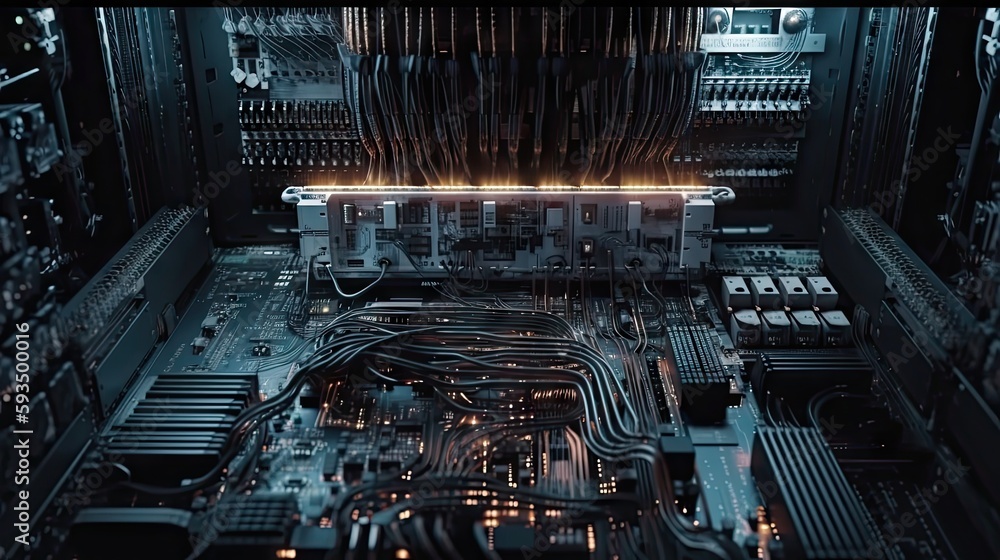 Chips, cables inside laptop, server, digital equipment. Abstract cable