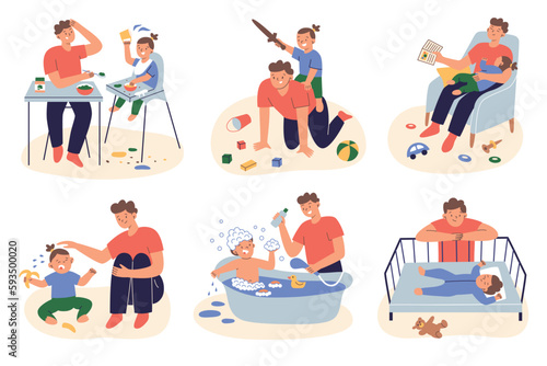 Father taking care of toddler daughter, hand drawn set of compositions with dad and child, paternity leave, children day routine scene collections, vector illustrations of bathing, feeding, sleeping