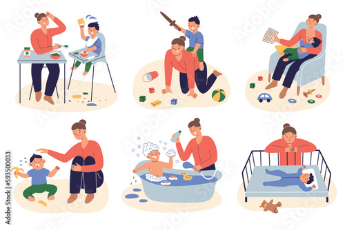 Mother taking care of toddler son, mom and child interactions, hand drawn scenes set on parenting, day routine with baby, maternity leave, colored vector illustrations of bathing and feeding a kid