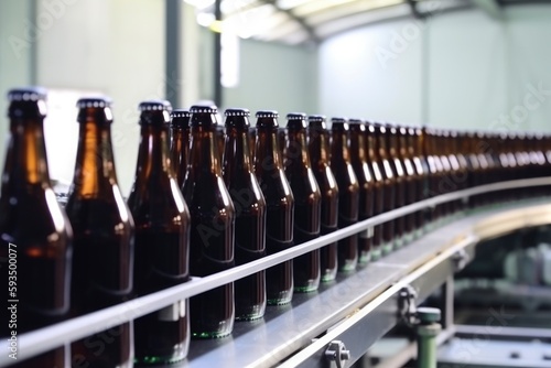 Brown glass beer bottles on conveyor production line. Brewery industry food factory manufacturing.  lustration. Generative AI