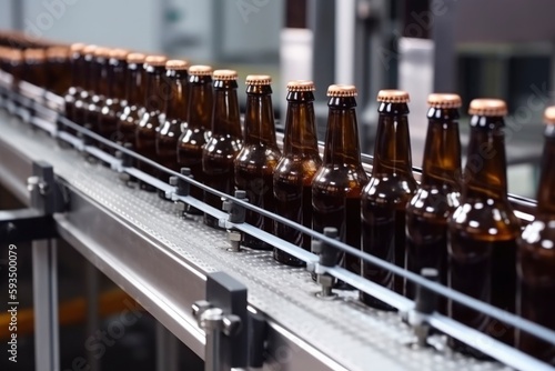 Brown glass beer bottles on conveyor production line. Brewery industry food factory manufacturing.  lustration. Generative AI