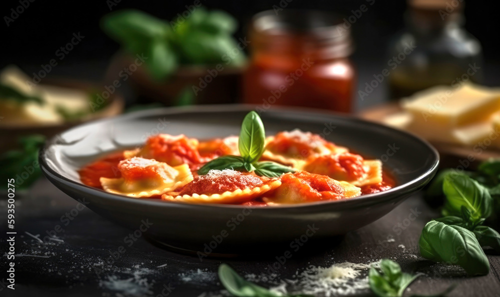 Ravioli stuffed with tomato sauce, basil and Parmesan cheese, prepared at home on the wooden table. Illustration. Generative AI Ravioli stuffed with tomato sauce, basil and Parmesan cheese, prepared at home on the wooden table. Illustration. Generative AI