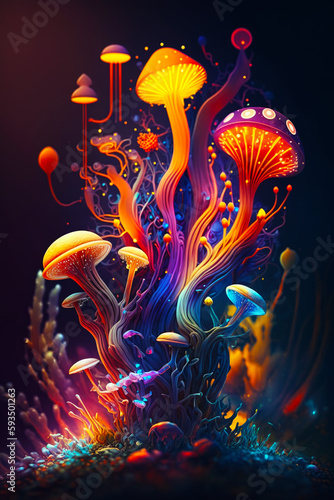 Bunch of colorful mushrooms on black background with blue sky in the background. Generative AI. © valentyn640