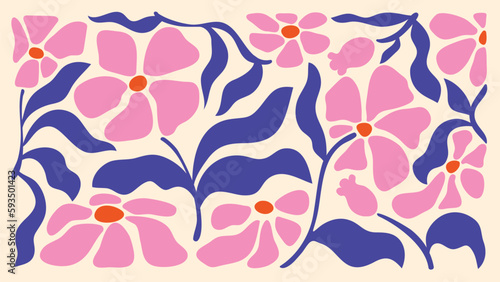Abstract natural hand drawn pattern design with flowers, leaves, branches. Simple contemporary style illustrated Design for fabric, print, cover, banner, wallpaper.