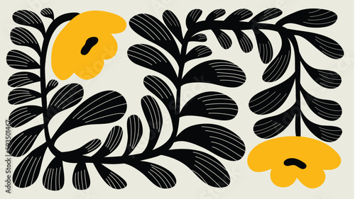 Abstract natural hand drawn pattern design with flowers, leaves, branches. Simple contemporary style illustrated Design for fabric, print, cover, banner, wallpaper.