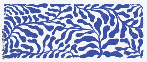 Matisse art background vector. Abstract natural hand drawn pattern design with blue leaves, branches. Simple contemporary style illustrated Design for fabric, print, cover, banner, wallpaper.