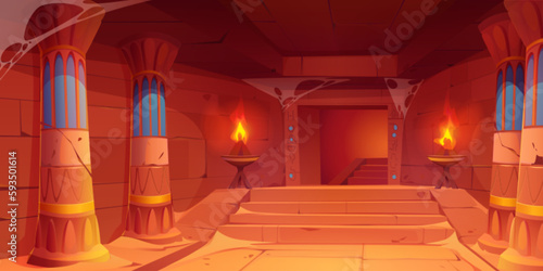 Ancient Egypt palace, castle or pyramid interior. Old pharaoh tomb corridor with bricks walls, pillars, torches, stairs, sand on floor and spiderweb, vector cartoon illustration