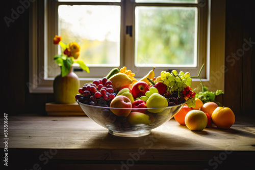 Bowl of fruit sits on table in front of pair of windows. Generative AI.